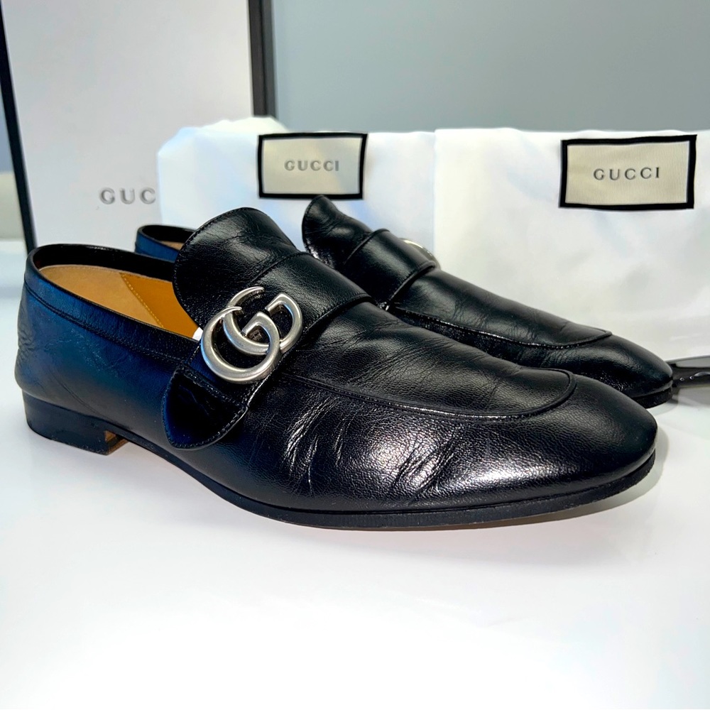 Gucci Donnie Double G Loafers Black Leather 100% Authentic. Size G8 US 8.5 IT 42